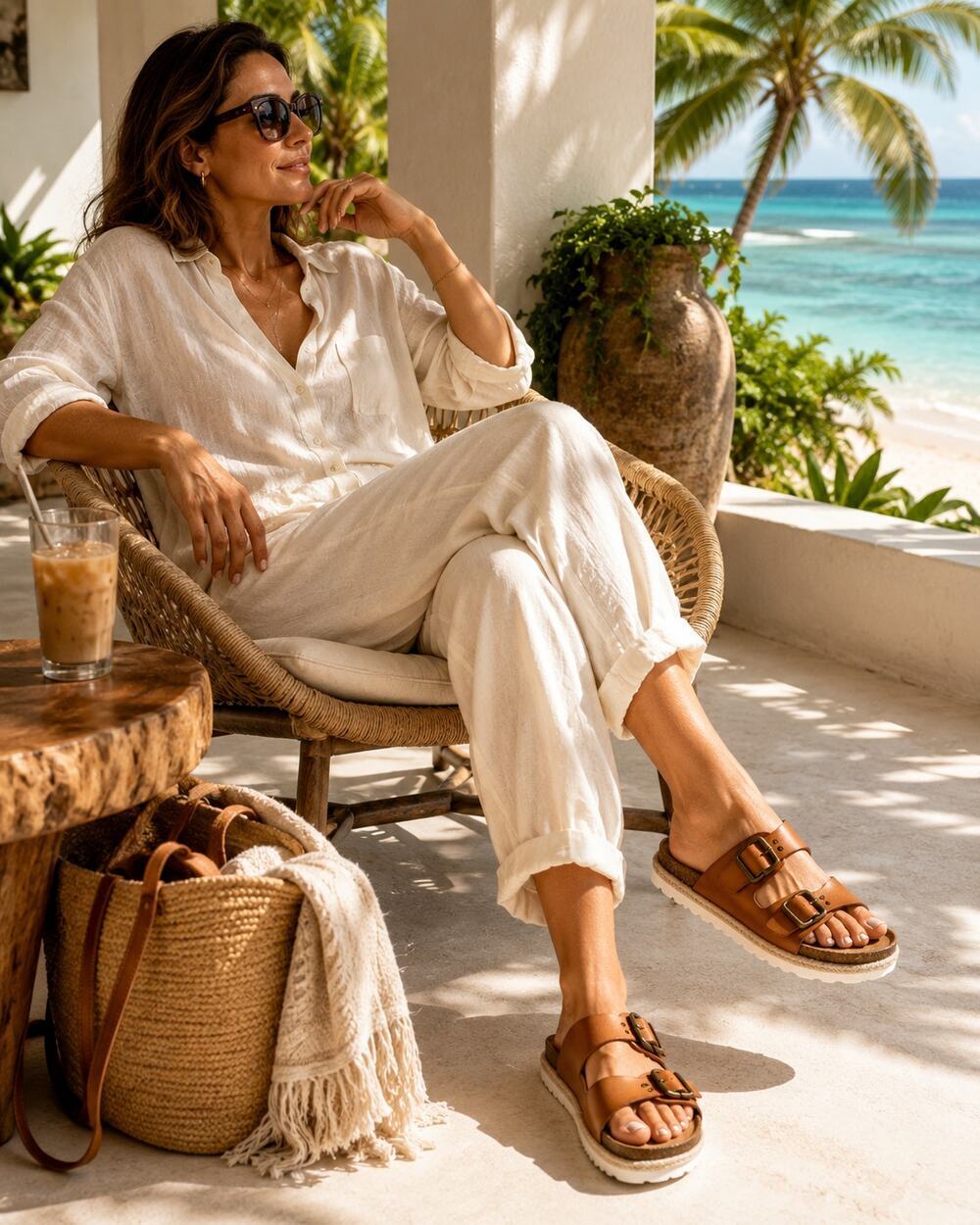 Time & Tru Sz 11 Brown Double Buckle Slide Sandals Cork Footbed Espadrille Boho
